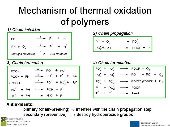 Mechanism of thermal oxidation of polymers 1) Chain initiation 3) Chain branching 2) Chain