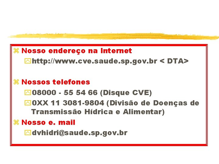 z Nosso endereço na Internet yhttp: //www. cve. saude. sp. gov. br < DTA>