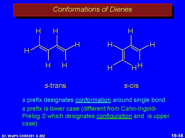 Conformations of Dienes H H H H s-trans H HH s-cis s prefix designates