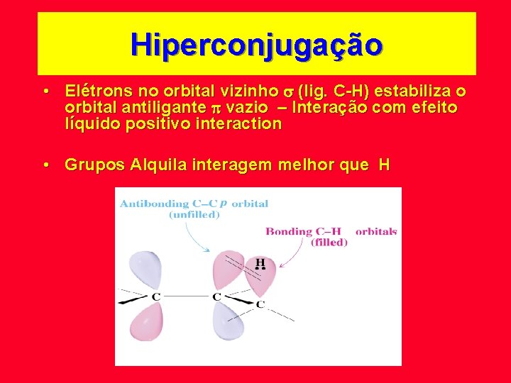 Hiperconjugação • Elétrons no orbital vizinho (lig. C-H) estabiliza o orbital antiligante vazio –