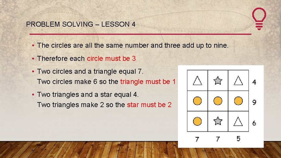 PROBLEM SOLVING – LESSON 4 • The circles are all the same number and
