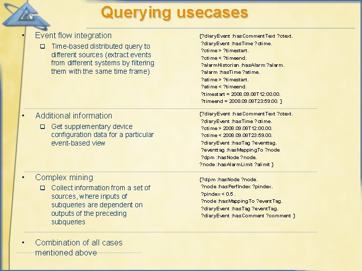 Querying usecases • Event flow integration q • Additional information q • Get supplementary