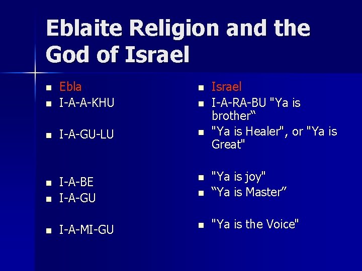 Eblaite Religion and the God of Israel n n Ebla I-A-A-KHU n I-A-GU-LU n