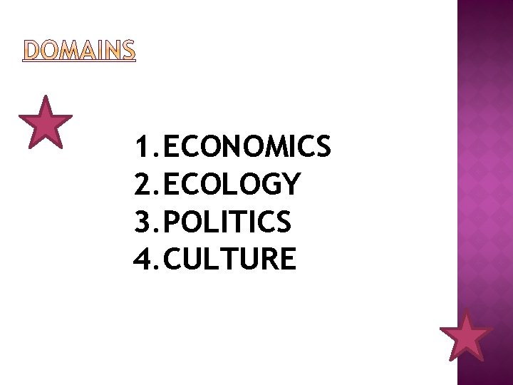 1. ECONOMICS 2. ECOLOGY 3. POLITICS 4. CULTURE 