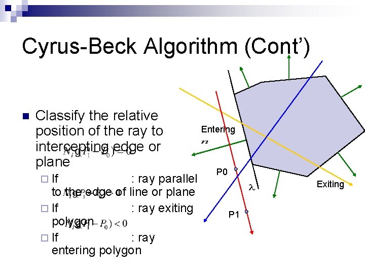 Cyrus-Beck Algorithm (Cont’) n Classify the relative position of the ray to intercepting edge