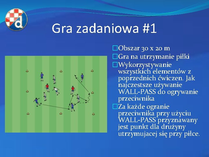 Gra zadaniowa #1 �Obszar 30 x 20 m �Gra na utrzymanie piłki �Wykorzystywanie wszystkich