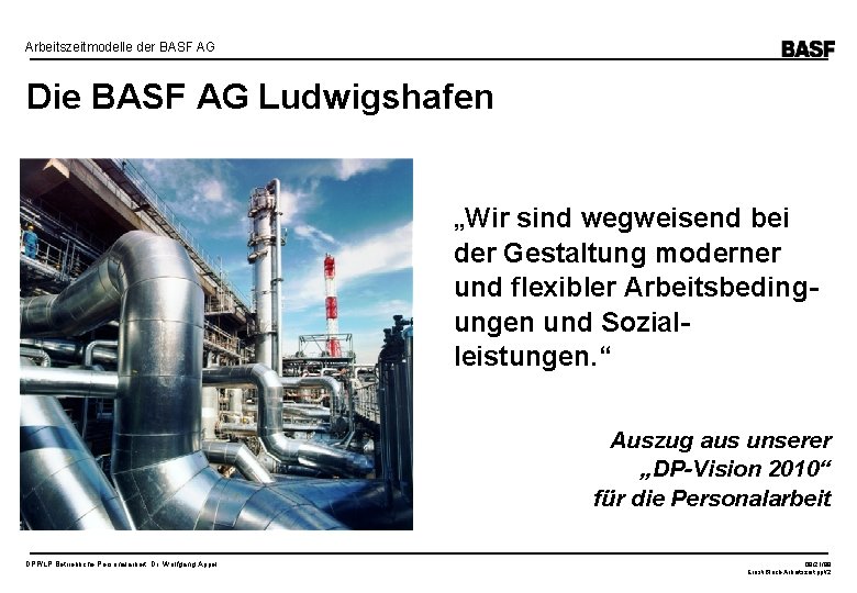 Arbeitszeitmodelle der BASF AG Die BASF AG Ludwigshafen „Wir sind wegweisend bei der Gestaltung