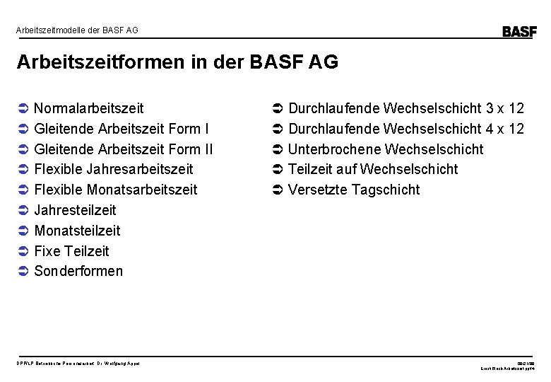 Arbeitszeitmodelle der BASF AG Arbeitszeitformen in der BASF AG Normalarbeitszeit Gleitende Arbeitszeit Form II