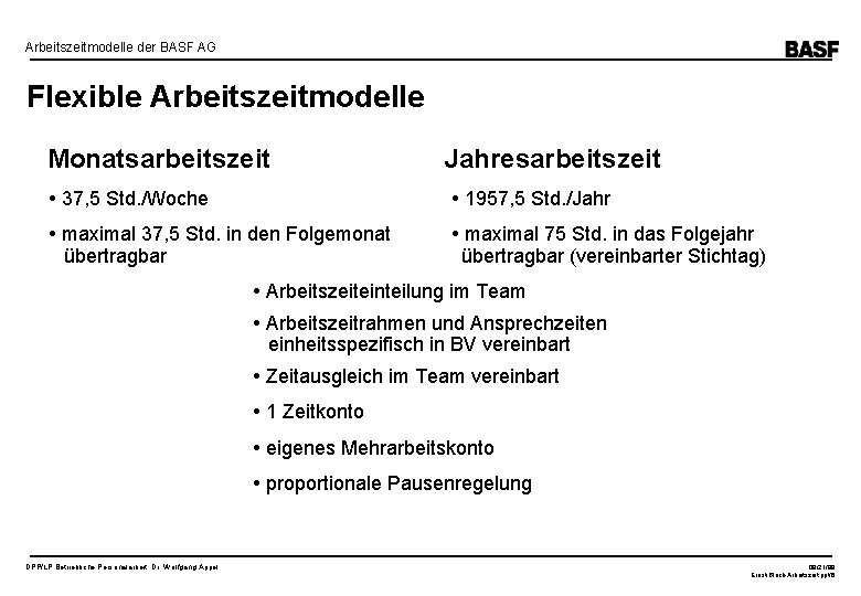 Arbeitszeitmodelle der BASF AG Flexible Arbeitszeitmodelle Monatsarbeitszeit Jahresarbeitszeit 37, 5 Std. /Woche 1957, 5