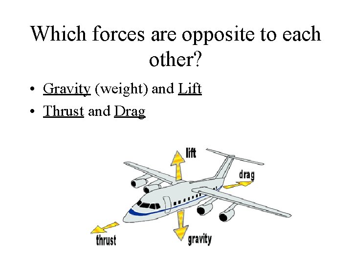 Which forces are opposite to each other? • Gravity (weight) and Lift • Thrust