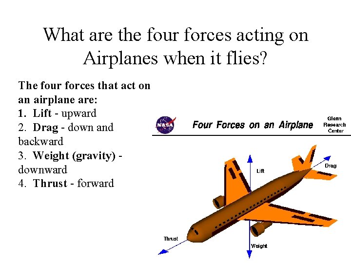 What are the four forces acting on Airplanes when it flies? The four forces