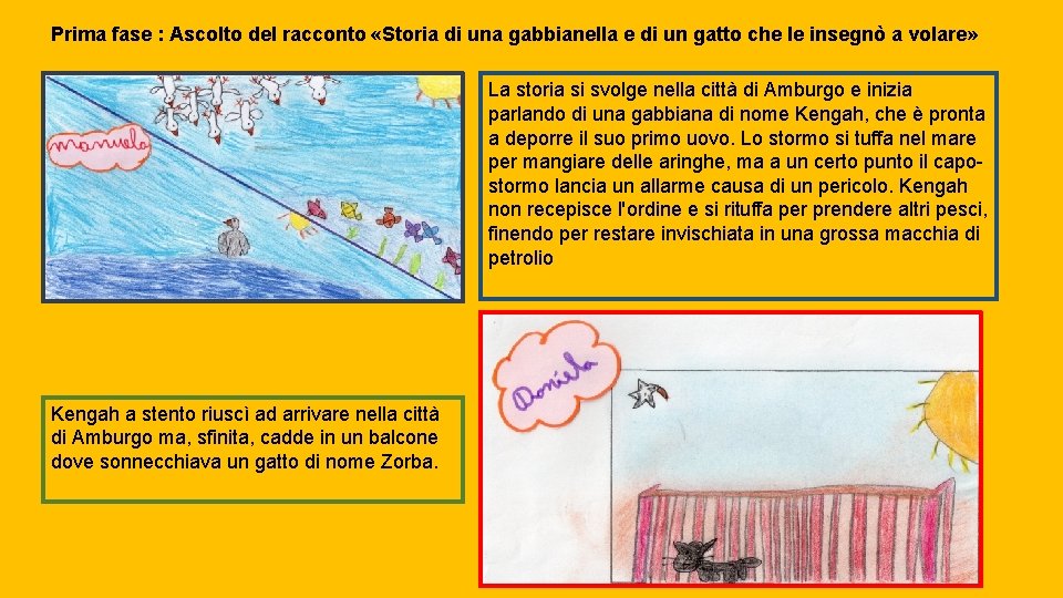 Prima fase : Ascolto del racconto «Storia di una gabbianella e di un gatto