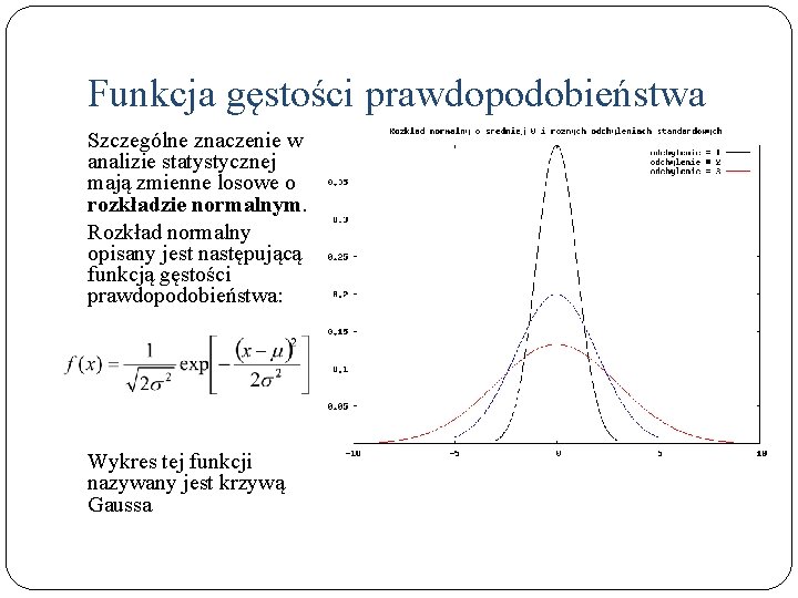 Funkcja gęstości prawdopodobieństwa Szczególne znaczenie w analizie statystycznej mają zmienne losowe o rozkładzie normalnym.