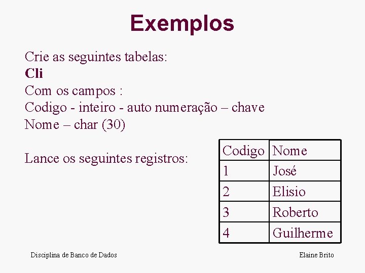 Exemplos Crie as seguintes tabelas: Cli Com os campos : Codigo - inteiro -