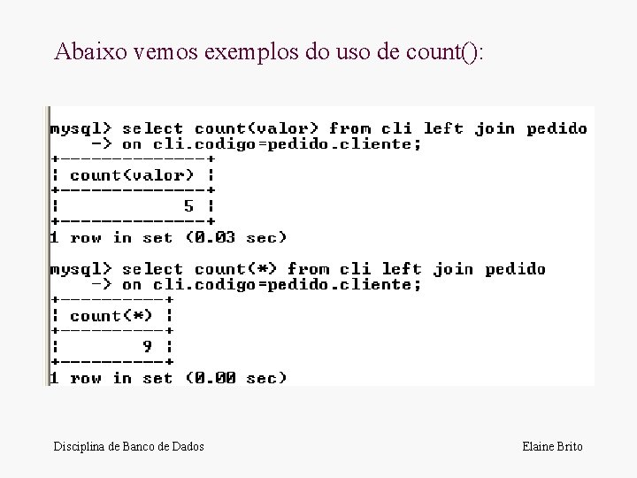 Abaixo vemos exemplos do uso de count(): Disciplina de Banco de Dados Elaine Brito
