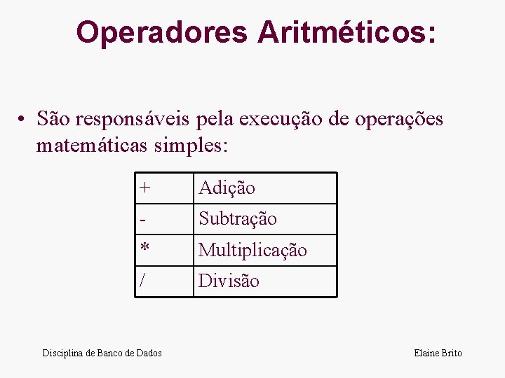 Operadores Aritméticos: • São responsáveis pela execução de operações matemáticas simples: + Adição -