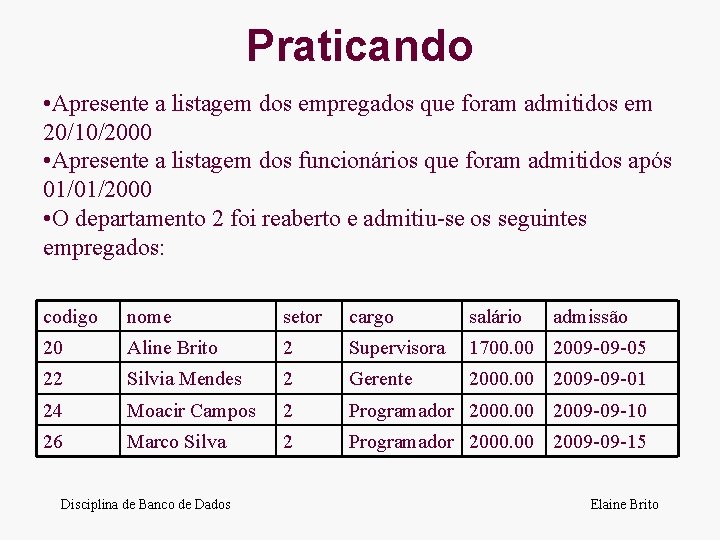 Praticando • Apresente a listagem dos empregados que foram admitidos em 20/10/2000 • Apresente