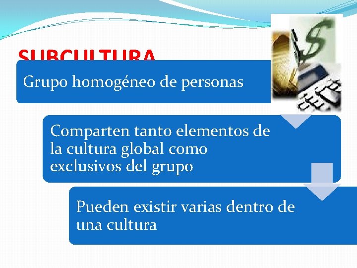 SUBCULTURA Grupo homogéneo de personas Comparten tanto elementos de la cultura global como exclusivos