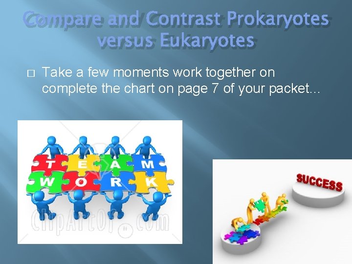 Compare and Contrast Prokaryotes versus Eukaryotes � Take a few moments work together on