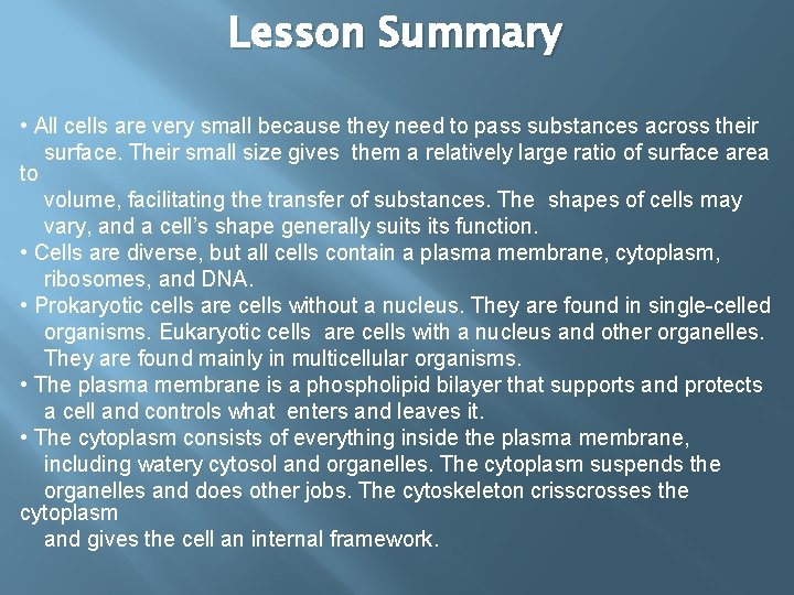Lesson Summary • All cells are very small because they need to pass substances