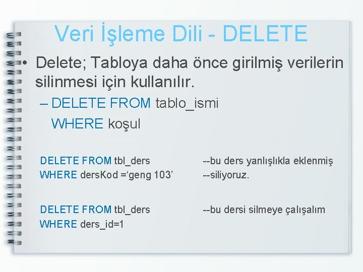 Veri İşleme Dili - DELETE • Delete; Tabloya daha önce girilmiş verilerin silinmesi için