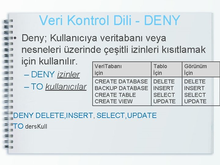 Veri Kontrol Dili - DENY • Deny; Kullanıcıya veritabanı veya nesneleri üzerinde çeşitli izinleri