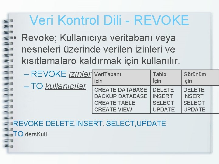 Veri Kontrol Dili - REVOKE • Revoke; Kullanıcıya veritabanı veya nesneleri üzerinde verilen izinleri