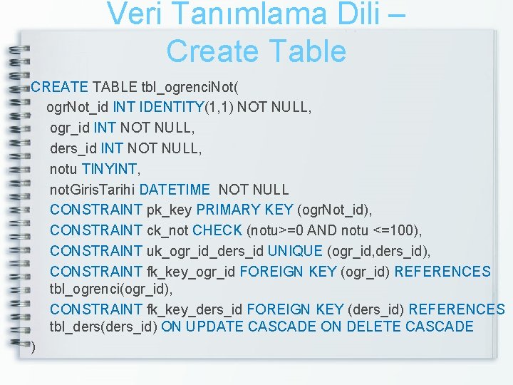 Veri Tanımlama Dili – Create Table CREATE TABLE tbl_ogrenci. Not( ogr. Not_id INT IDENTITY(1,
