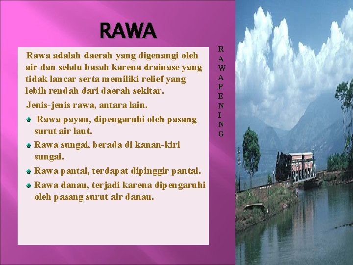 RAWA Rawa adalah daerah yang digenangi oleh air dan selalu basah karena drainase yang