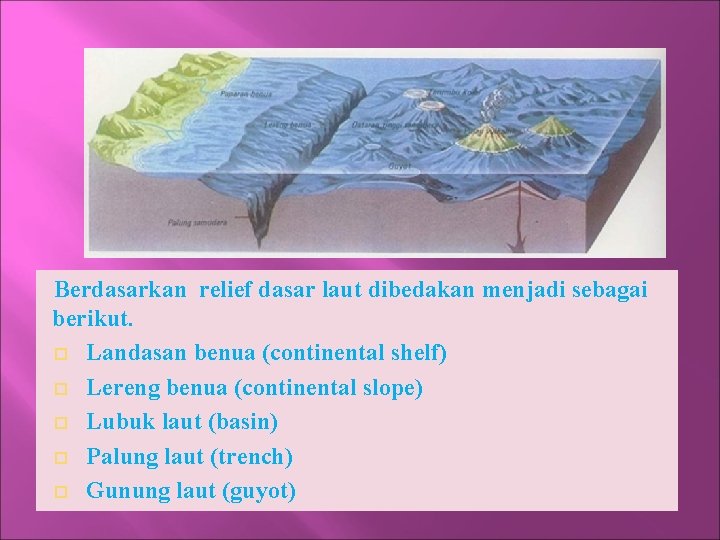 Berdasarkan relief dasar laut dibedakan menjadi sebagai berikut. Landasan benua (continental shelf) Lereng benua