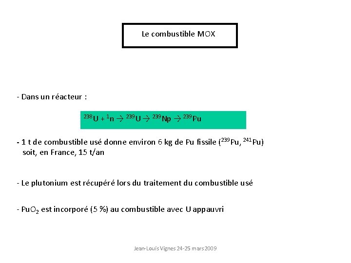 Le combustible MOX - Dans un réacteur : 238 U + 1 n →