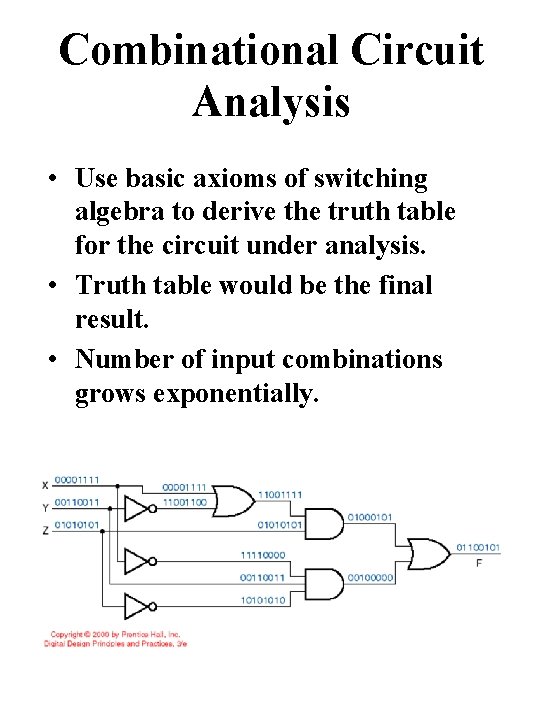 Combinational Circuit Analysis • Use basic axioms of switching algebra to derive the truth