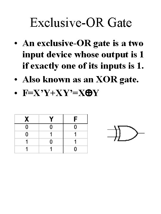 Exclusive-OR Gate • An exclusive-OR gate is a two input device whose output is