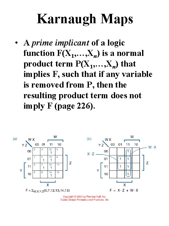 Karnaugh Maps • A prime implicant of a logic function F(X 1, …, Xn)