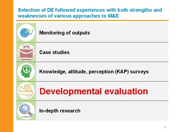 Selection of DE followed experiences with both strengths and weaknesses of various approaches to