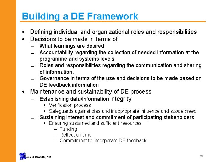 Building a DE Framework Defining individual and organizational roles and responsibilities Decisions to be