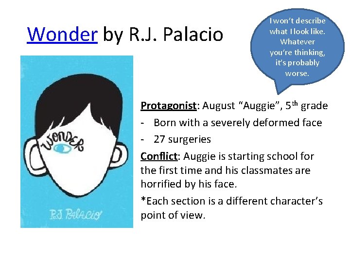 Wonder by R. J. Palacio I won’t describe what I look like. Whatever you’re