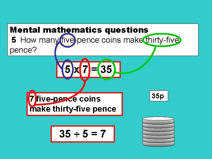 Mental mathematics questions 5 How many five-pence coins make thirty-five pence? 5 x 7