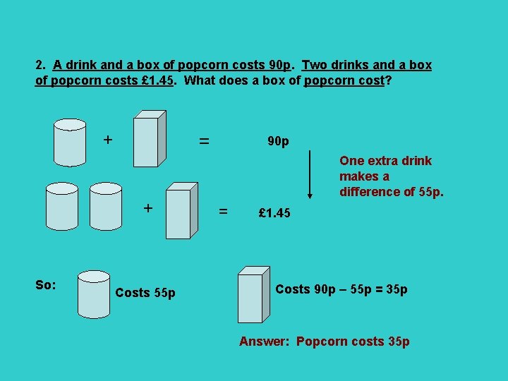 2. A drink and a box of popcorn costs 90 p. Two drinks and