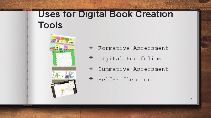 Uses for Digital Book Creation Tools ◈ ◈ Formative Assessment Digital Portfolios Summative Assessment