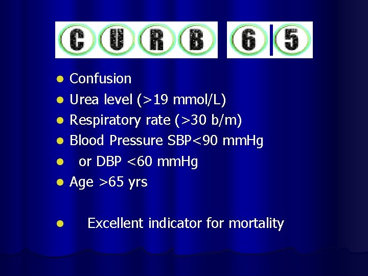 l l l l Confusion Urea level (>19 mmol/L) Respiratory rate (>30 b/m) Blood