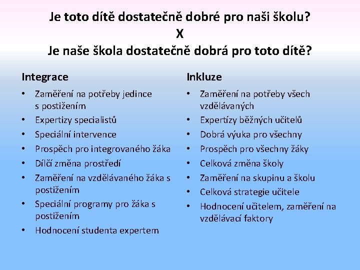 Je toto dítě dostatečně dobré pro naši školu? X Je naše škola dostatečně dobrá