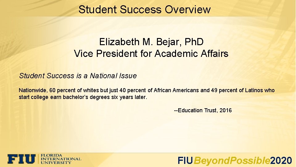 Student Success Overview Elizabeth M. Bejar, Ph. D Vice President for Academic Affairs Student