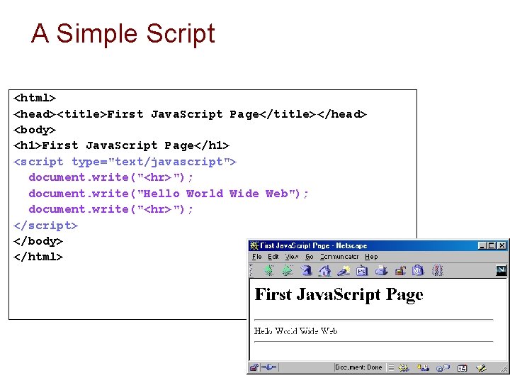 A Simple Script <html> <head><title>First Java. Script Page</title></head> <body> <h 1>First Java. Script Page</h