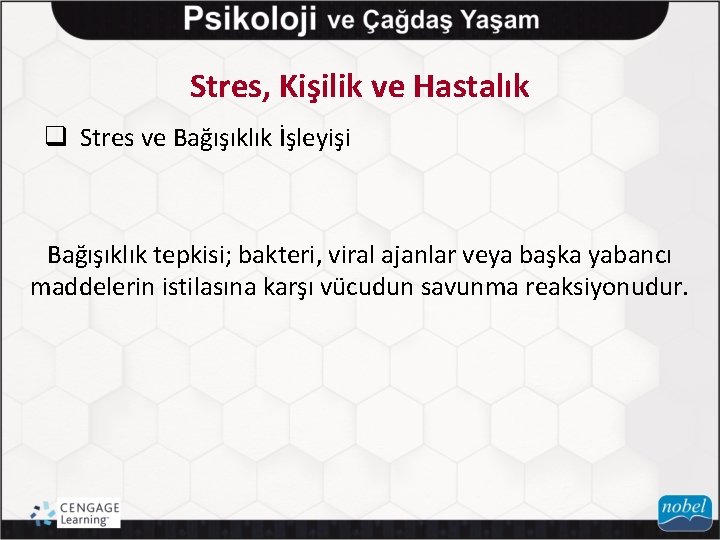 Stres, Kişilik ve Hastalık q Stres ve Bağışıklık İşleyişi Bağışıklık tepkisi; bakteri, viral ajanlar