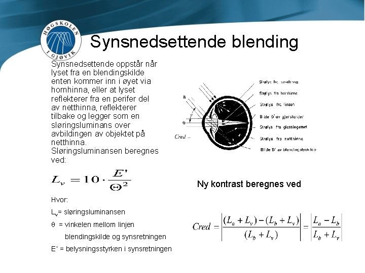 Synsnedsettende blending Synsnedsettende oppstår når lyset fra en blendingskilde enten kommer inn i øyet