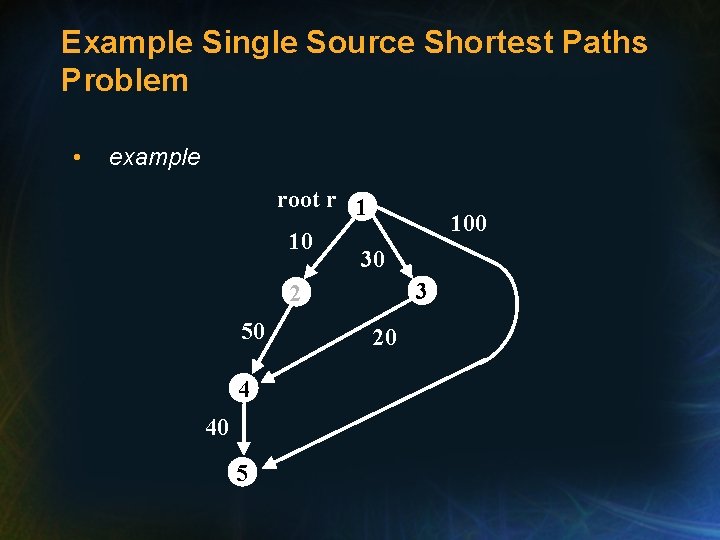 Example Single Source Shortest Paths Problem • example root r 1 10 30 2