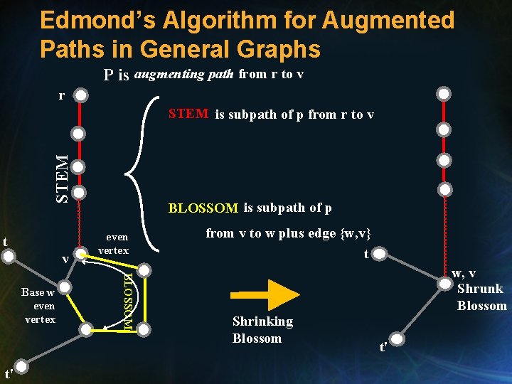 Edmond’s Algorithm for Augmented Paths in General Graphs P is augmenting path from r