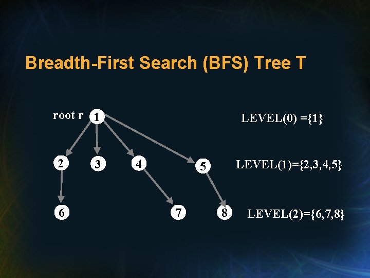 Breadth-First Search (BFS) Tree T root r 1 2 6 3 LEVEL(0) ={1} 4