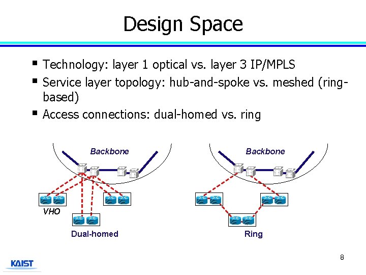 Design Space § Technology: layer 1 optical vs. layer 3 IP/MPLS § Service layer